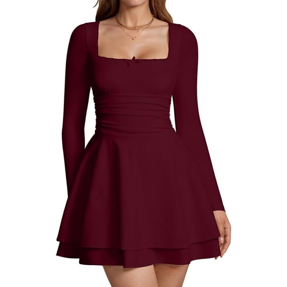 Women‘s Winered Sweetheart Neck Long Sleeves lace Corest Ruched Waist Mini Dress